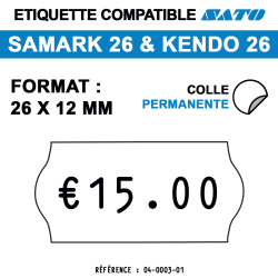 tiquettes blanches pour pince SATO SAMARK 26 et KENDO 26 - permanentes - format : 26 x 12 mm