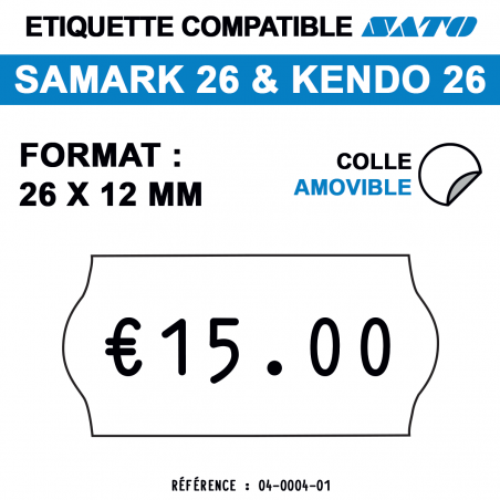 tiquettes blanches pour pince SATO SAMARK 26 et KENDO 26 - repositionnables - format : 26 x 12 mm