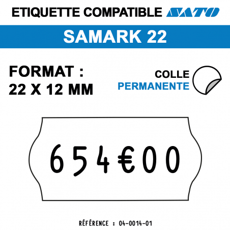 tiquettes blanches pour pince SATO SAMARK 22 - permanentes - format : 22 x 12 mm