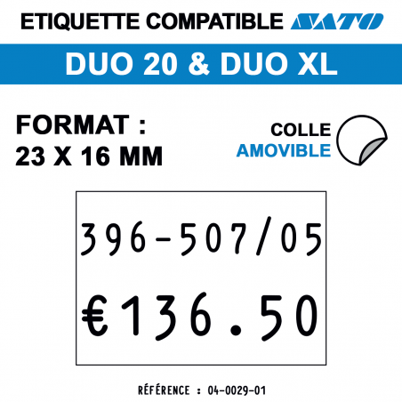 tiquettes blanches pour pince SATO DUO 20- Repositionnable - format : 23 x 16 mm