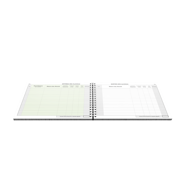 Registre comptable des alcools, format A4, 62 pages foliotées